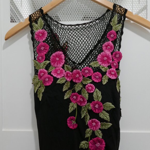 Vintage Cache 90s Midi Dress Silk Salsa Asymmetrical Fringe Tassel Rose Applique - Picture 10 of 15